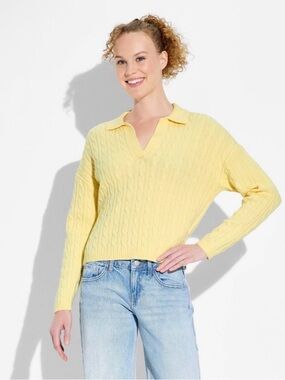wild fable Yellow Cable-Knit Polo V-Neck Sweater